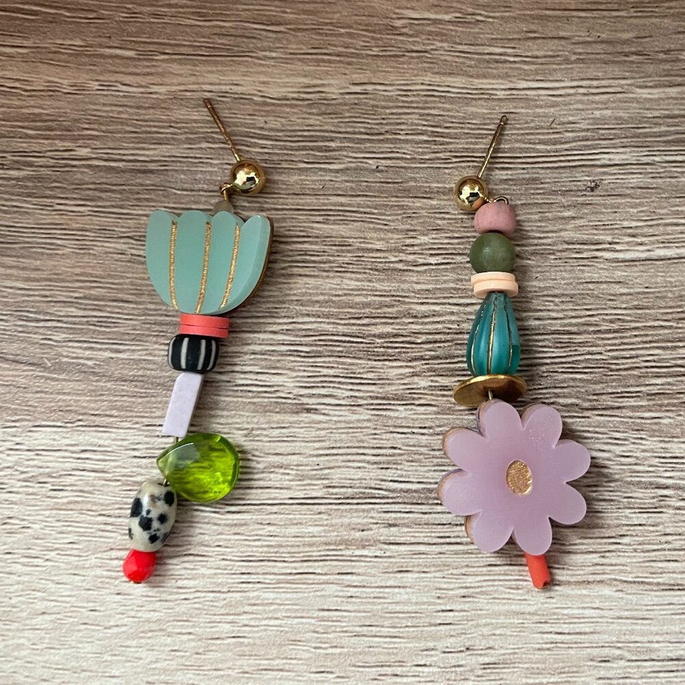 Jill Makes Hand Made Flower beaded Mis-Matched Statement Earrings